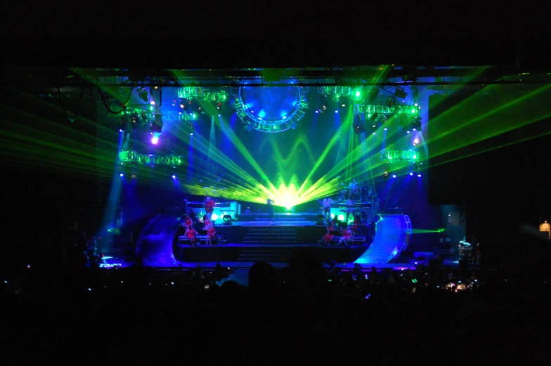 bright green, purple and blue lights on a concert stage