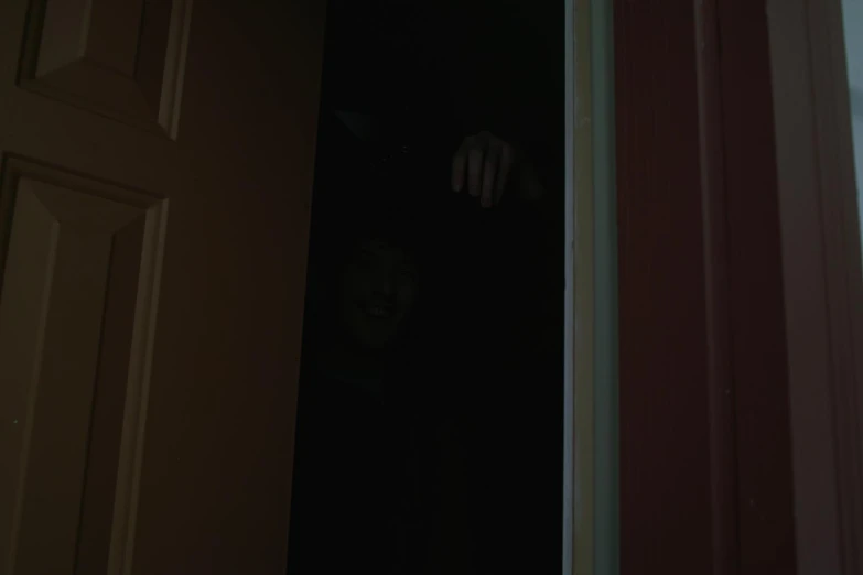 the silhouette of a man is seen through an opening in the door