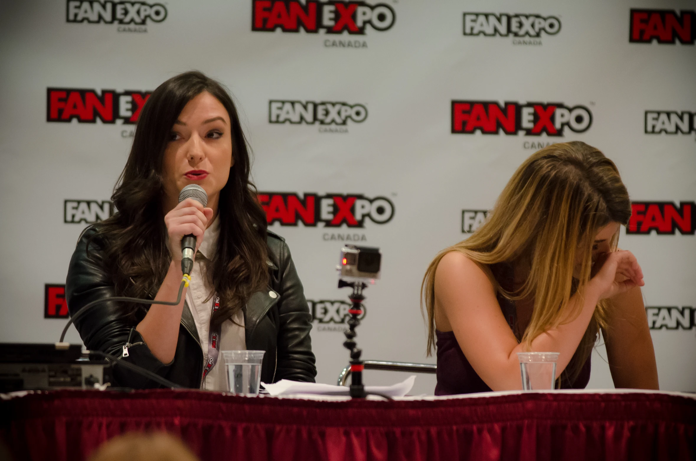 two woman talking into microphones in front of a panel