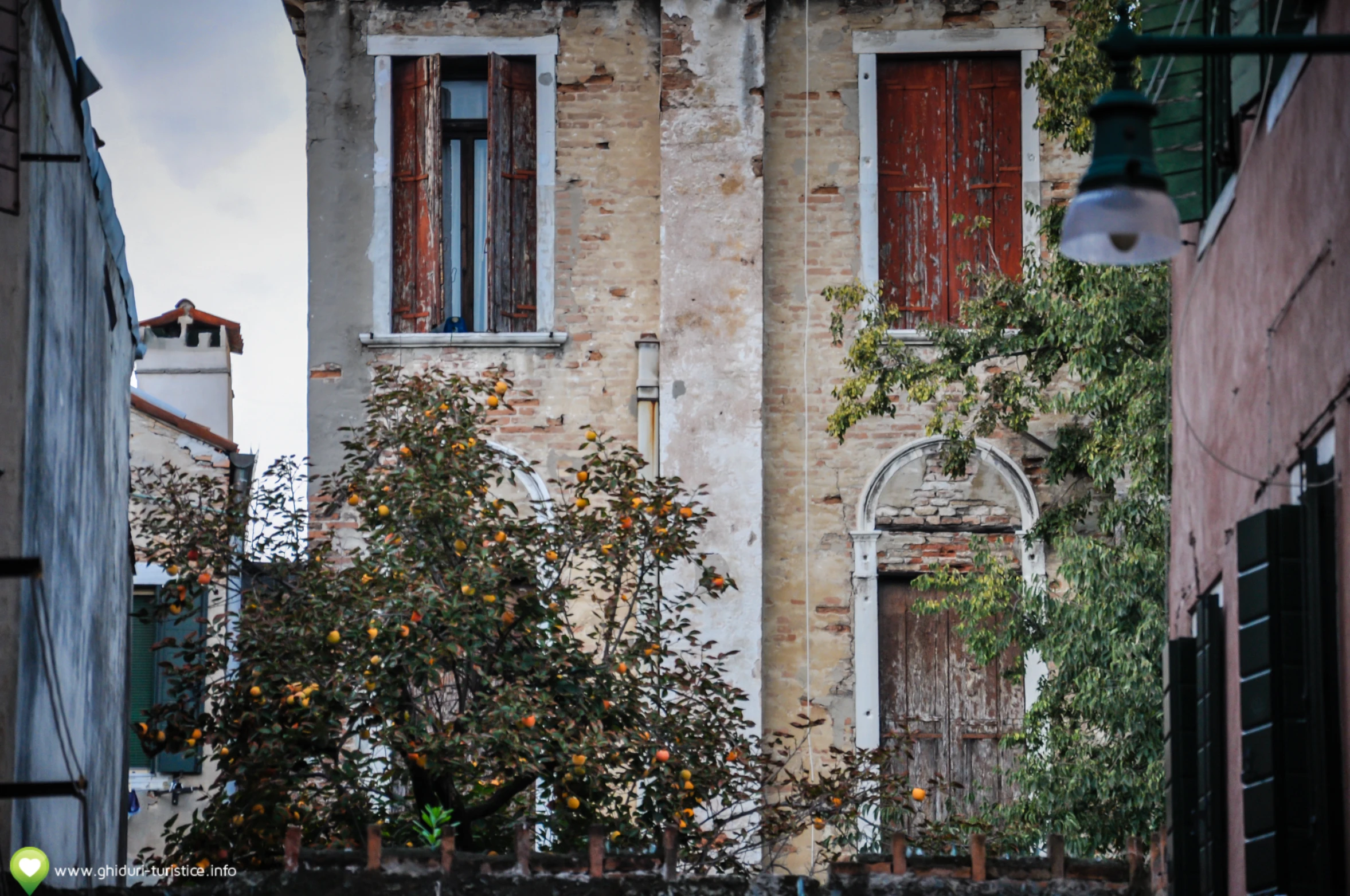 an abandoned building with red shutters and two green bushes