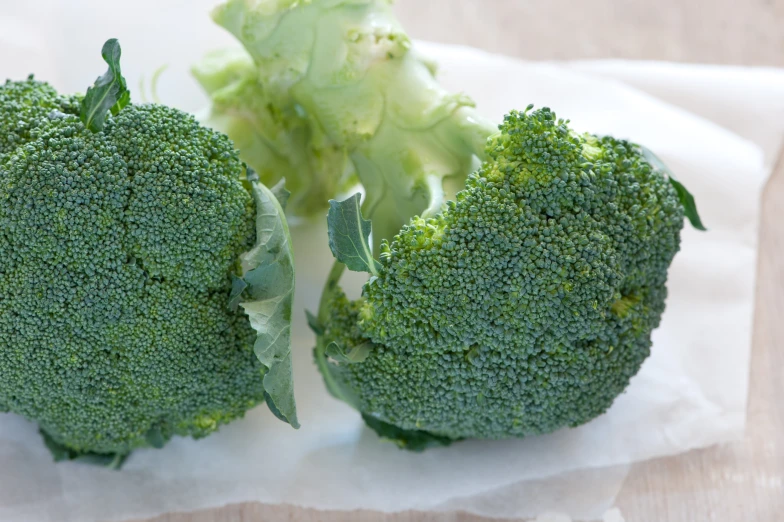 some broccoli is cut up and laying on a white towel