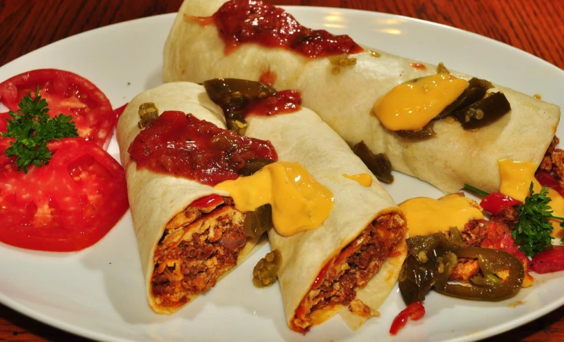 a plate with some meat stuffed burritos and sauce