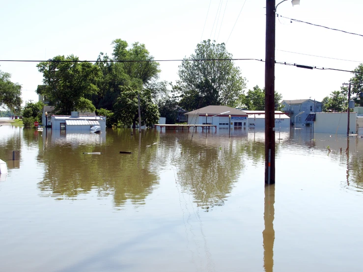 a house and trees are flooded by water