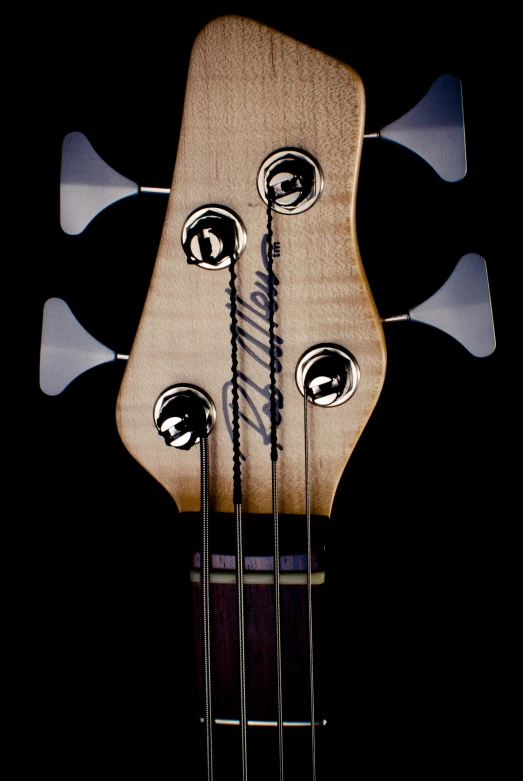 the fret top of a ukulele with an all black background