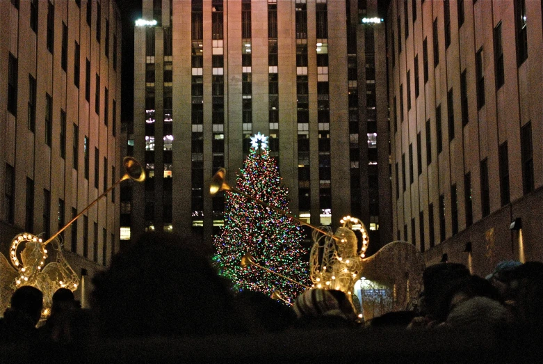 an illuminated christmas tree is surrounded by skyscrs