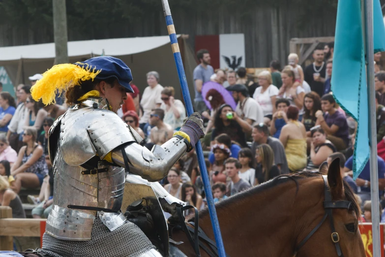 a medieval soldier holding a flag and riding his horse in a parade