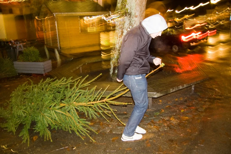 a man walking near a tree with a small dog