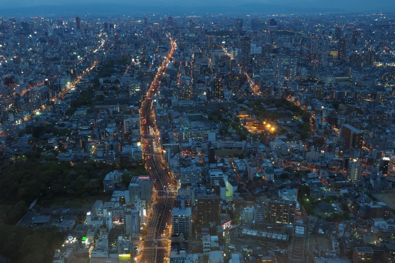 an aerial view of a city at night