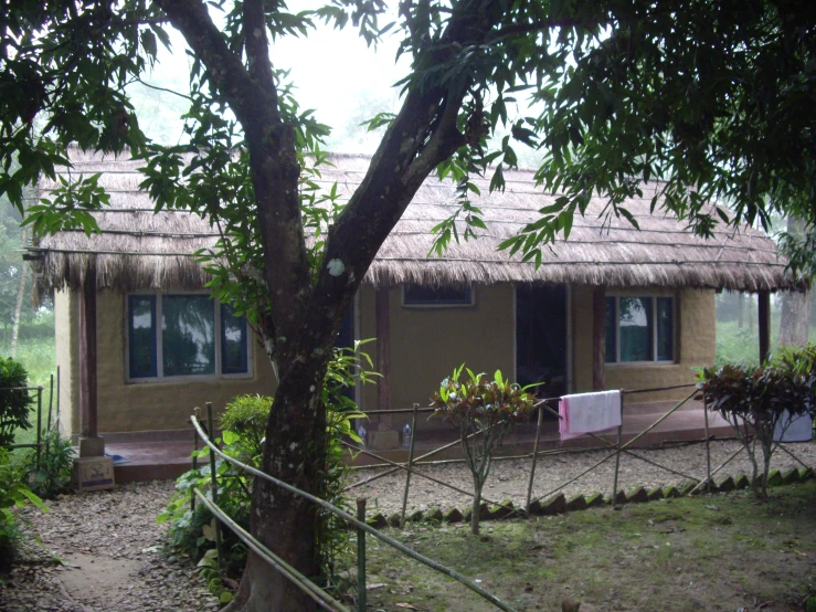 the building is located in the park with a straw roof