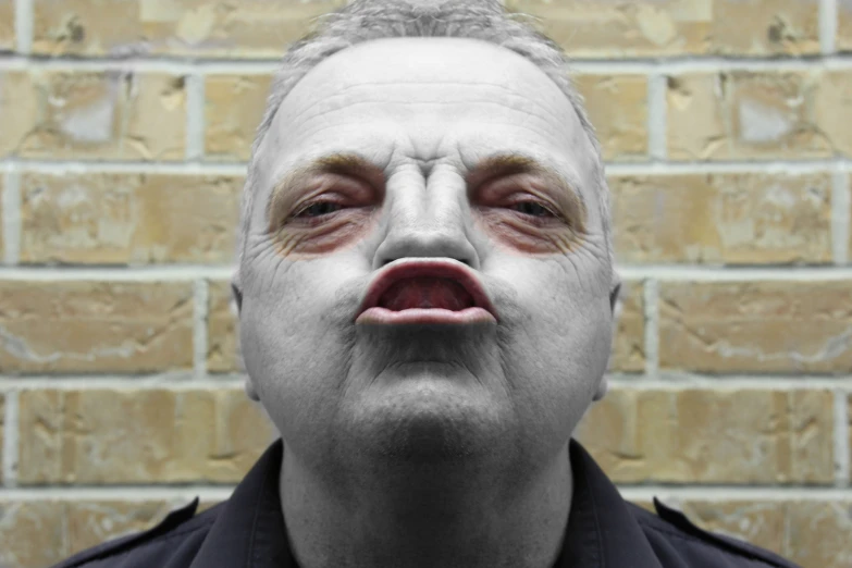 a man wearing an open mouth next to a brick wall