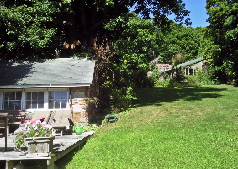 the back yard with patio, picnic table and picnic bench