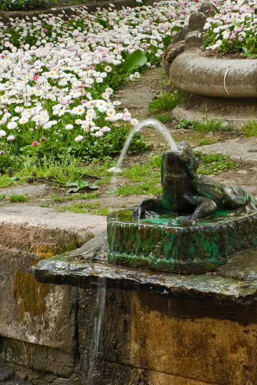 a statue sits on a ledge by a pond with a waterfall