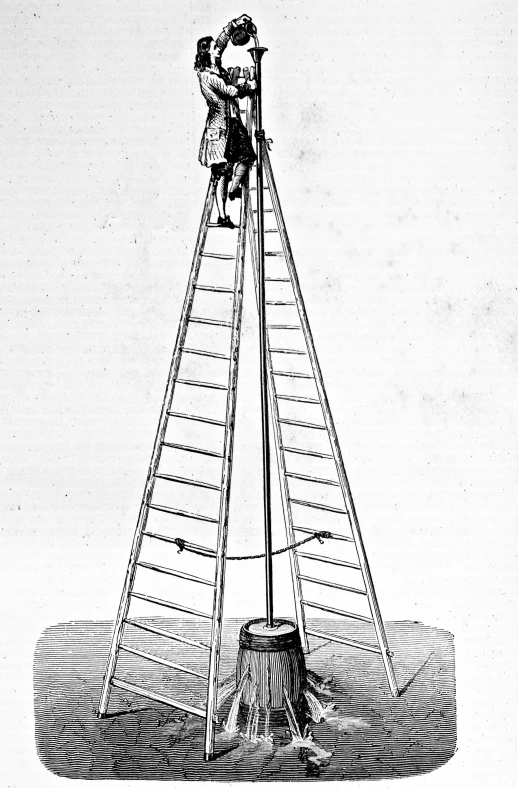 drawing of man standing on a ladder and looking up
