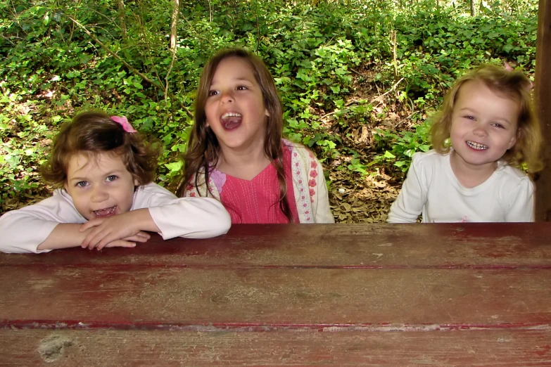 three young children are posing at the table