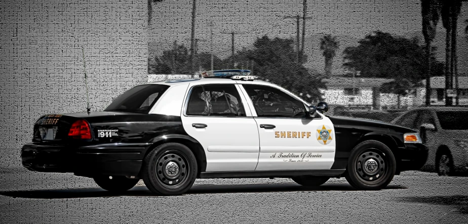 a black and white police car sitting in the parking lot