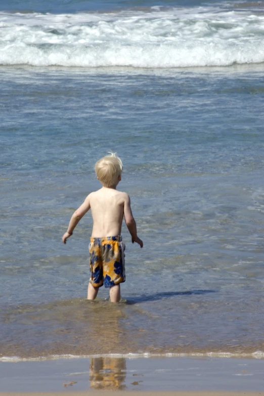 a small child standing in the water on a beach