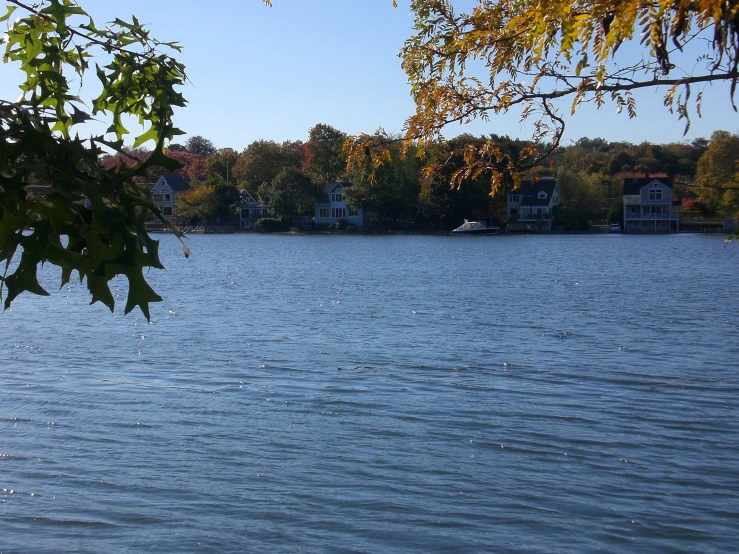 a large body of water sitting in front of houses