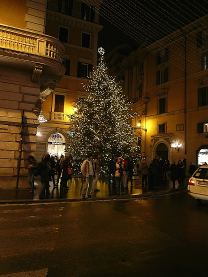 a christmas tree stands at the corner of a street