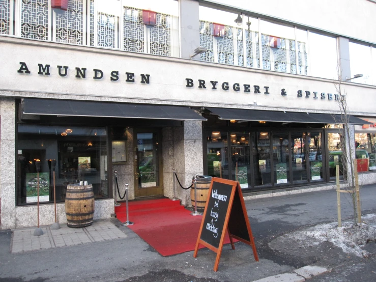 a red carpet on the side of a building