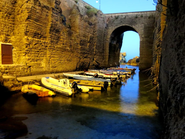 several small boats are tied up at the water's edge