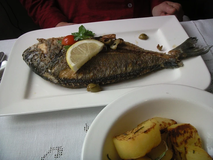 a fish, lemon slices and vegetables on a plate