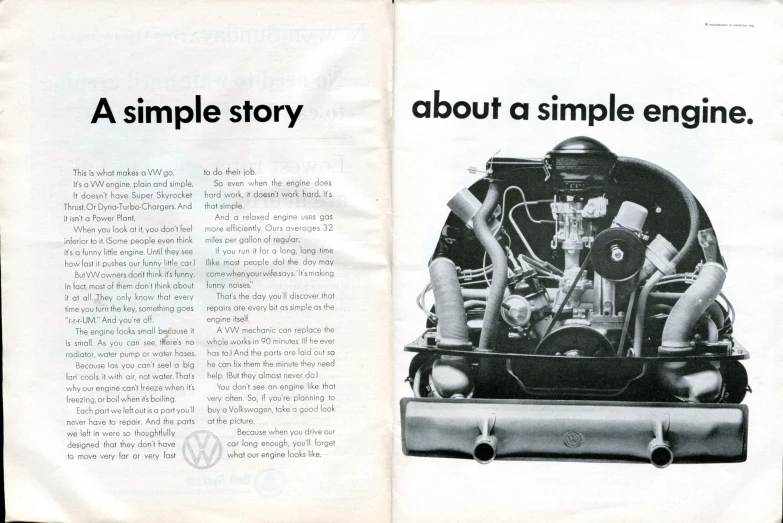 the advertit for an automobile engine sits in a black and white po