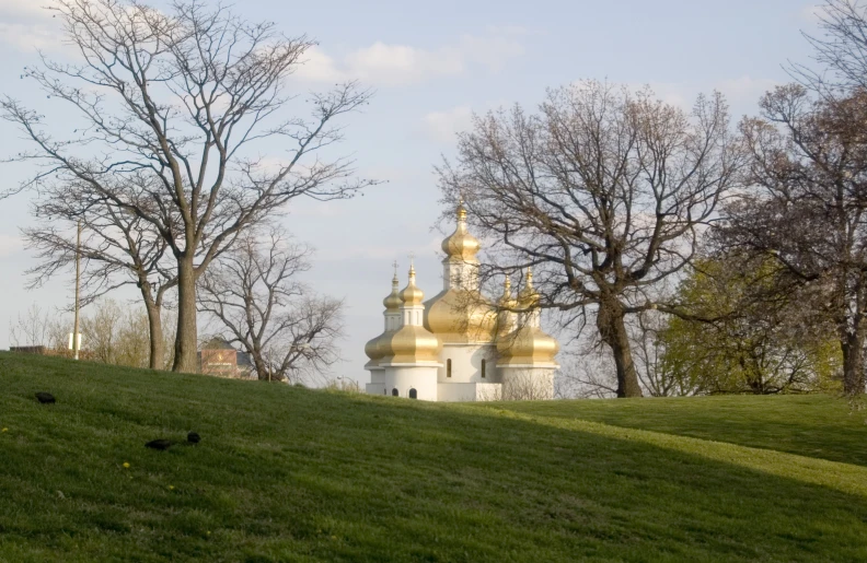 the large white and gold building is on a grassy hill