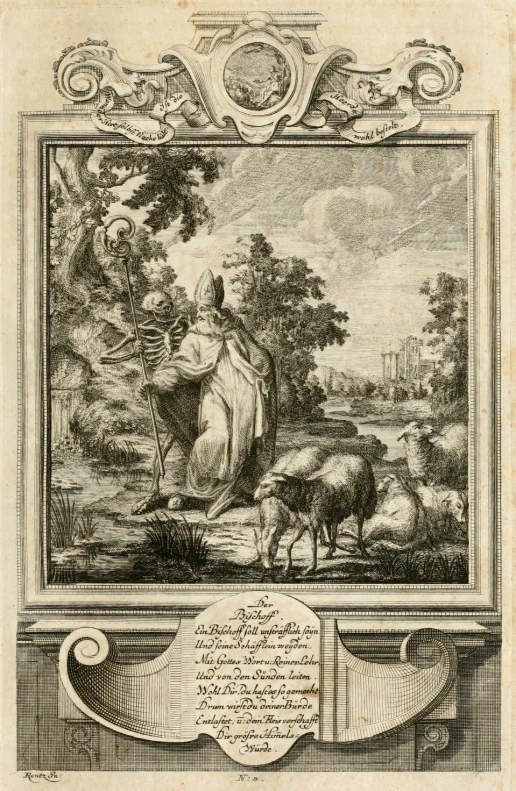 a painting of a shepherd surrounded by sheep in a landscape