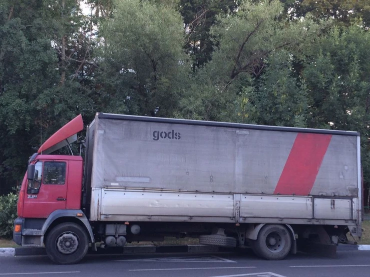 a truck sitting in front of trees on the side of the road