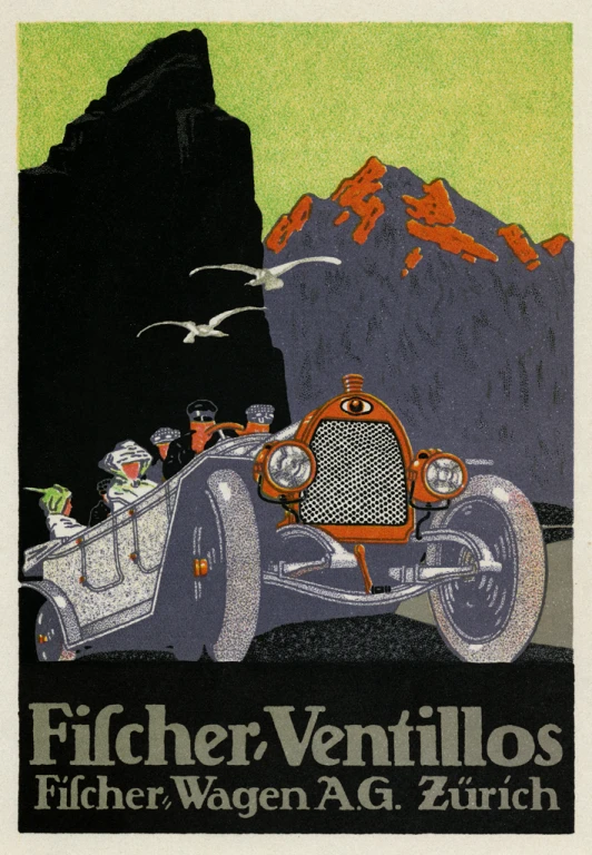 a drawing of an old fashion car with birds flying around it