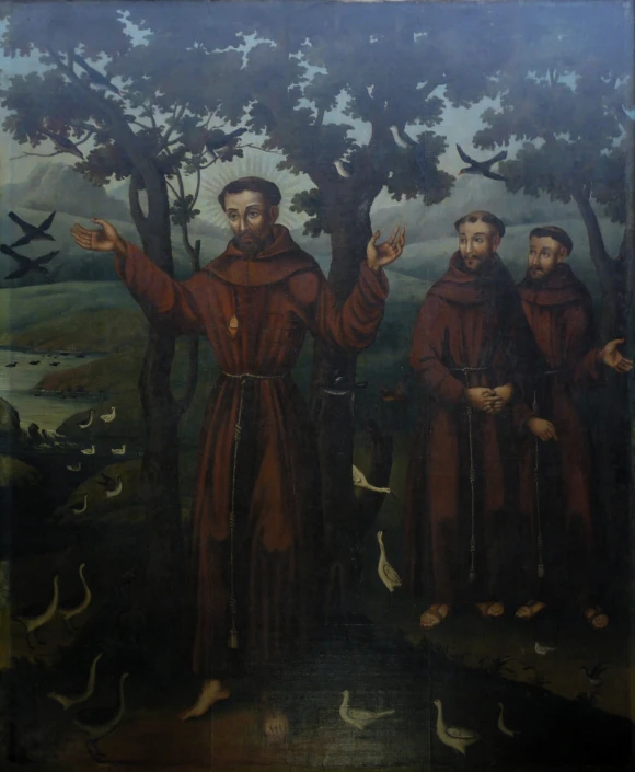 a painting of three men in brown clothes with birds