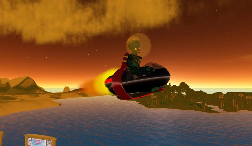 a stylized video of the image is showing an alien riding a jet ski