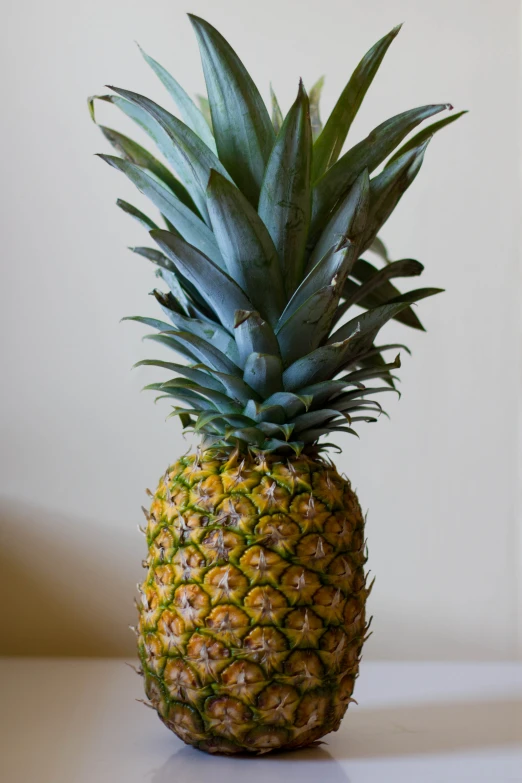a pineapple sitting on a table next to a white wall