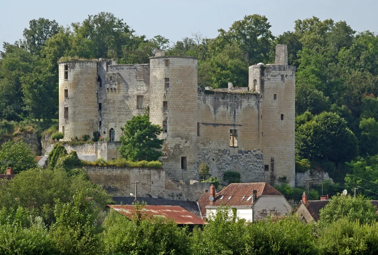 a castle like structure sits among lush green trees