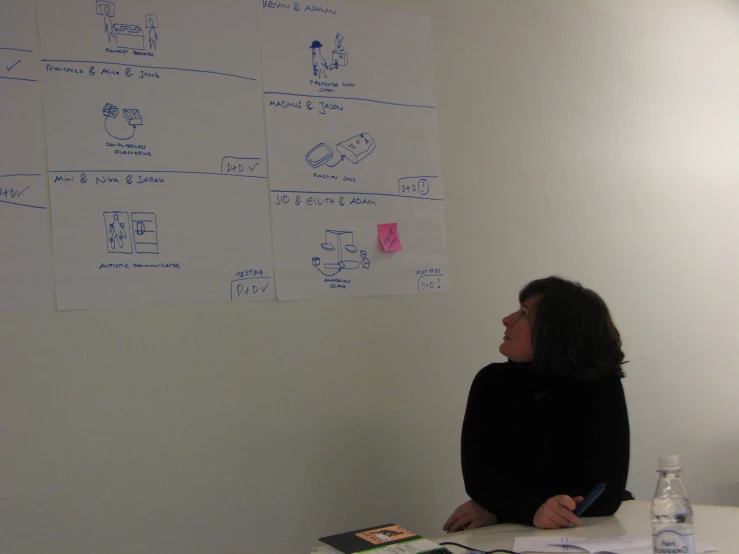 a woman is sitting at a table near a whiteboard