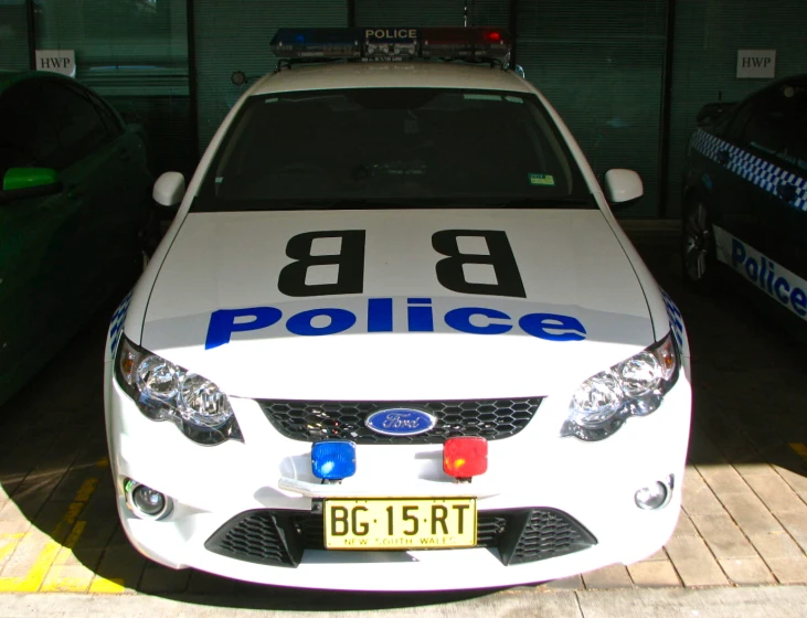 two police cars parked in front of a building