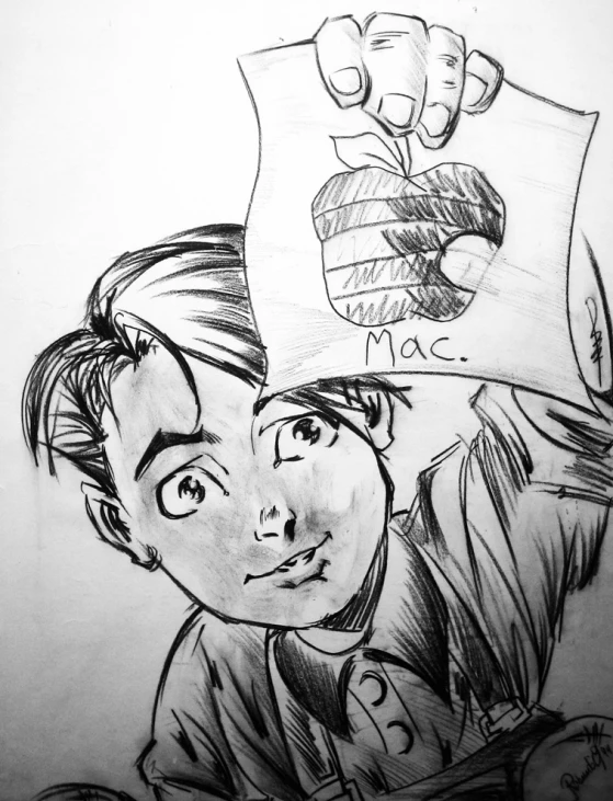 a black and white drawing of a young person holding up a piece of paper