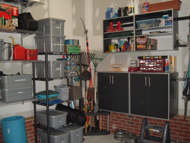 a garage with lots of various tools and storage