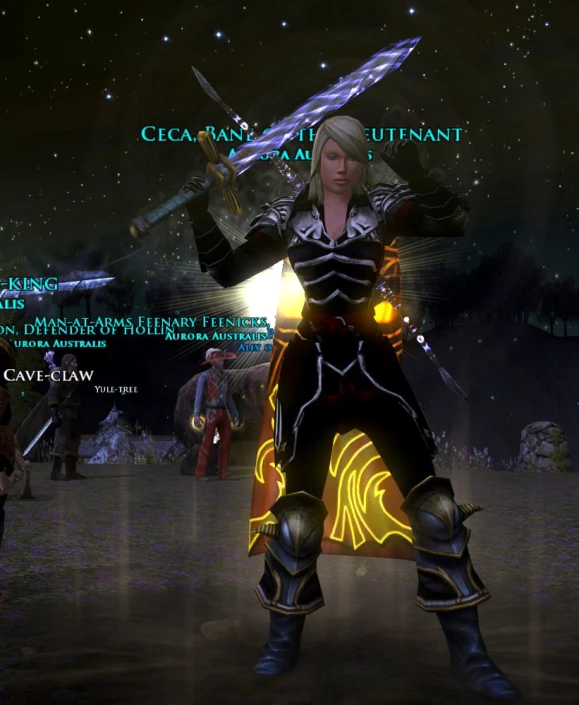 the female character is wearing a black outfit and a sword