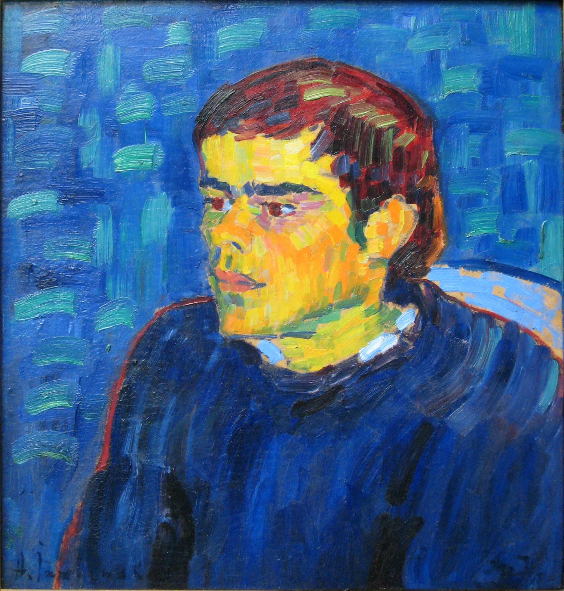 a painting of a man with yellow and blue colors