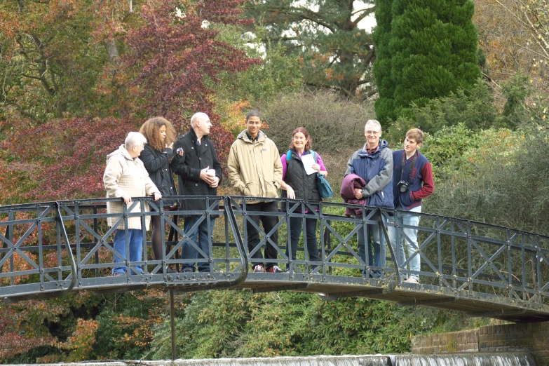 people standing on a bridge in the park