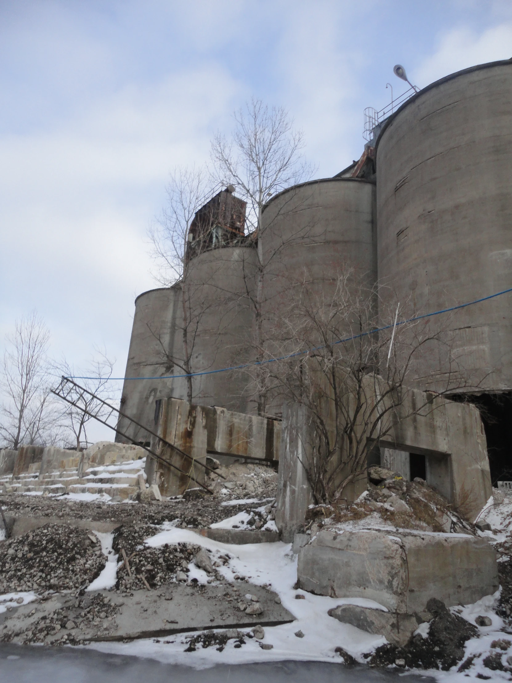 a grain silo and a tree with snow in front of it