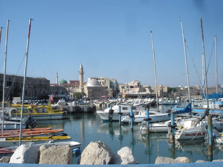 sailboats docked in harbor next to city buildings