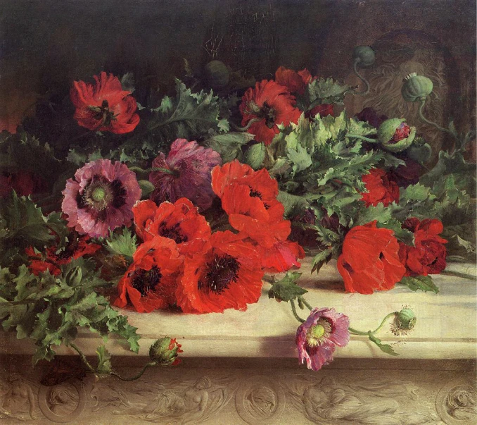 a painting with red and pink flowers on a ledge