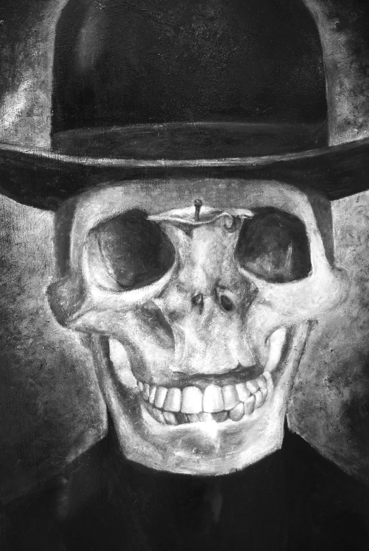 a drawing of a skeleton wearing a bowler's hat