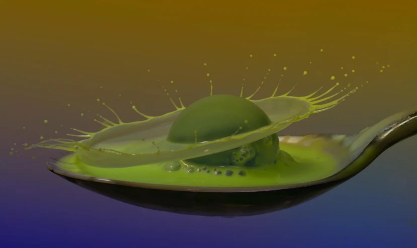 a spoon filled with green liquid and a spiky piece