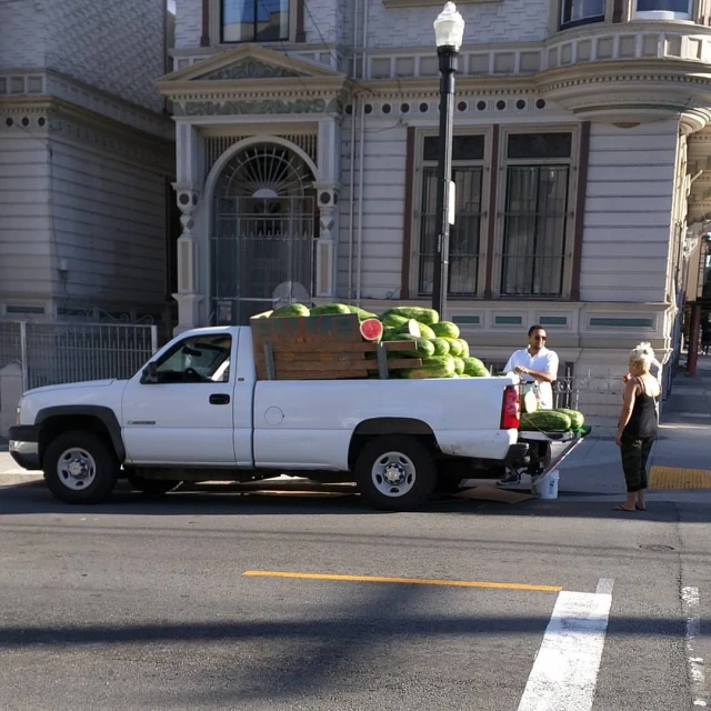 a man with three dogs in the back of a pickup truck