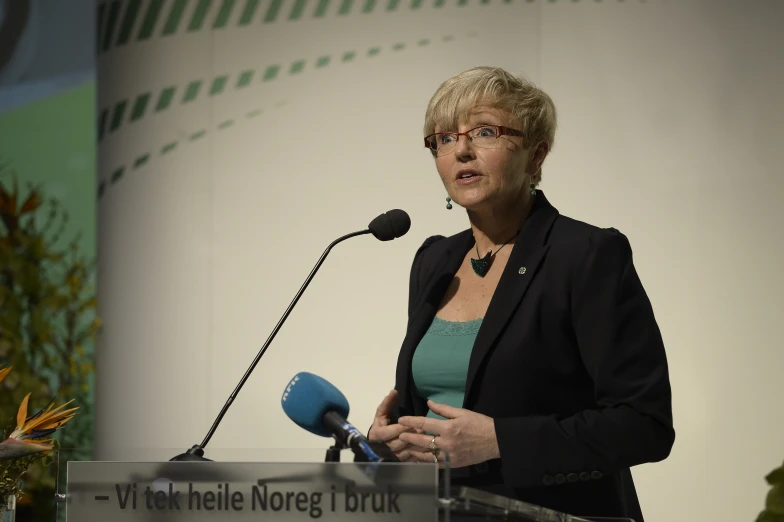 a woman speaking into a microphone at an event