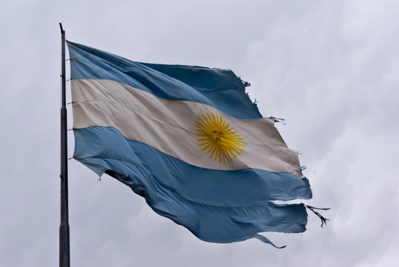 a large blue and white flag with sun symbol