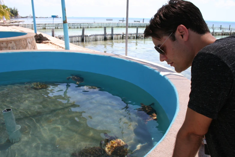 a man bending over to look at some sea life